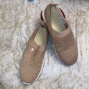 Tan rhinestone slip on shoes